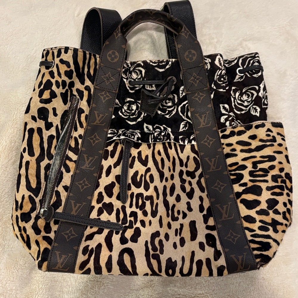 Athentic Upcycled Leopard Print Rosette Fur Women's Large Backpack